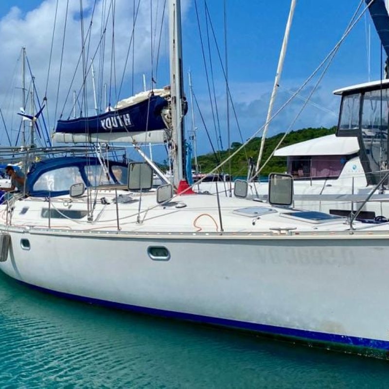 Sun Odyssey 45 sailboat docked at a marina in San Blas, Panama