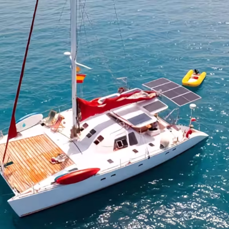 white catamaran sailing in crystal clear waters with blue sky and small island in the background